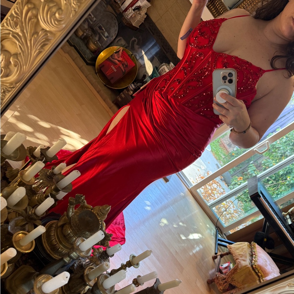 STACEES red NWT Beaded mermaid beaded corset Dress maxi slit